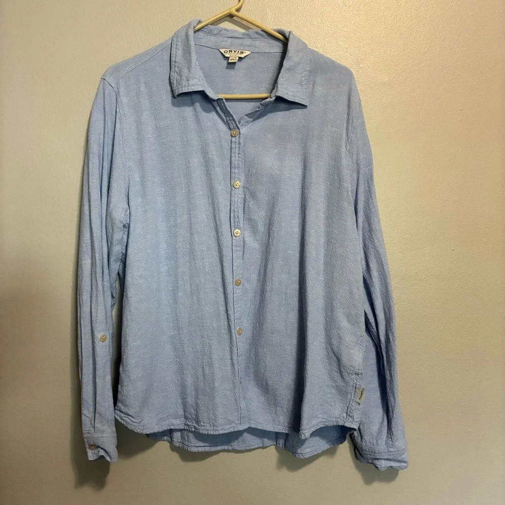 Orvis Light Blue Linen Blend Button-Up Women’s Shirt Size Large Lightweight - Picture 2 of 10